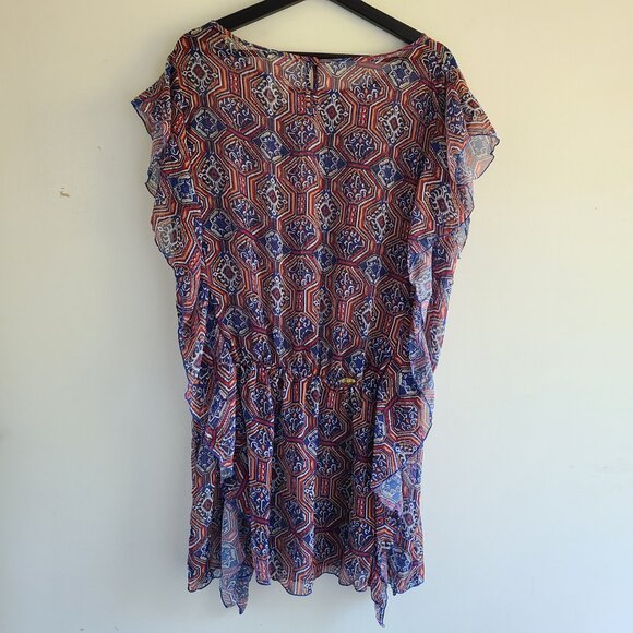 Jessica Simpson Sheer Tunic Blouse L Blue Red Ruffles Sheer Elastic Waist Boho - Picture 3 of 12